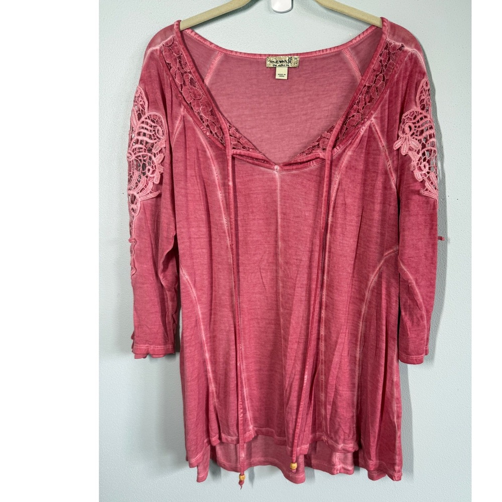 One World Knit Top 1X Pink Y2K Crochet Lace Trim Boho Burnout Wash Whimsygoth